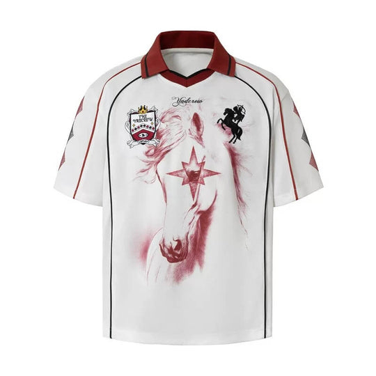 YADcrew Rhinestone Embroidered Patch Horse Print Mesh Polo Jersey | Face 3 Face