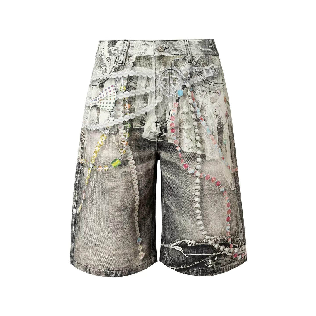 YADcrew Denim Pearl Bead Chain Digital Print Shorts | Face 3 Face