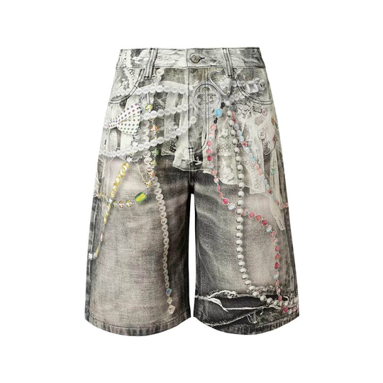 YADcrew Denim Pearl Bead Chain Digital Print Shorts | Face 3 Face