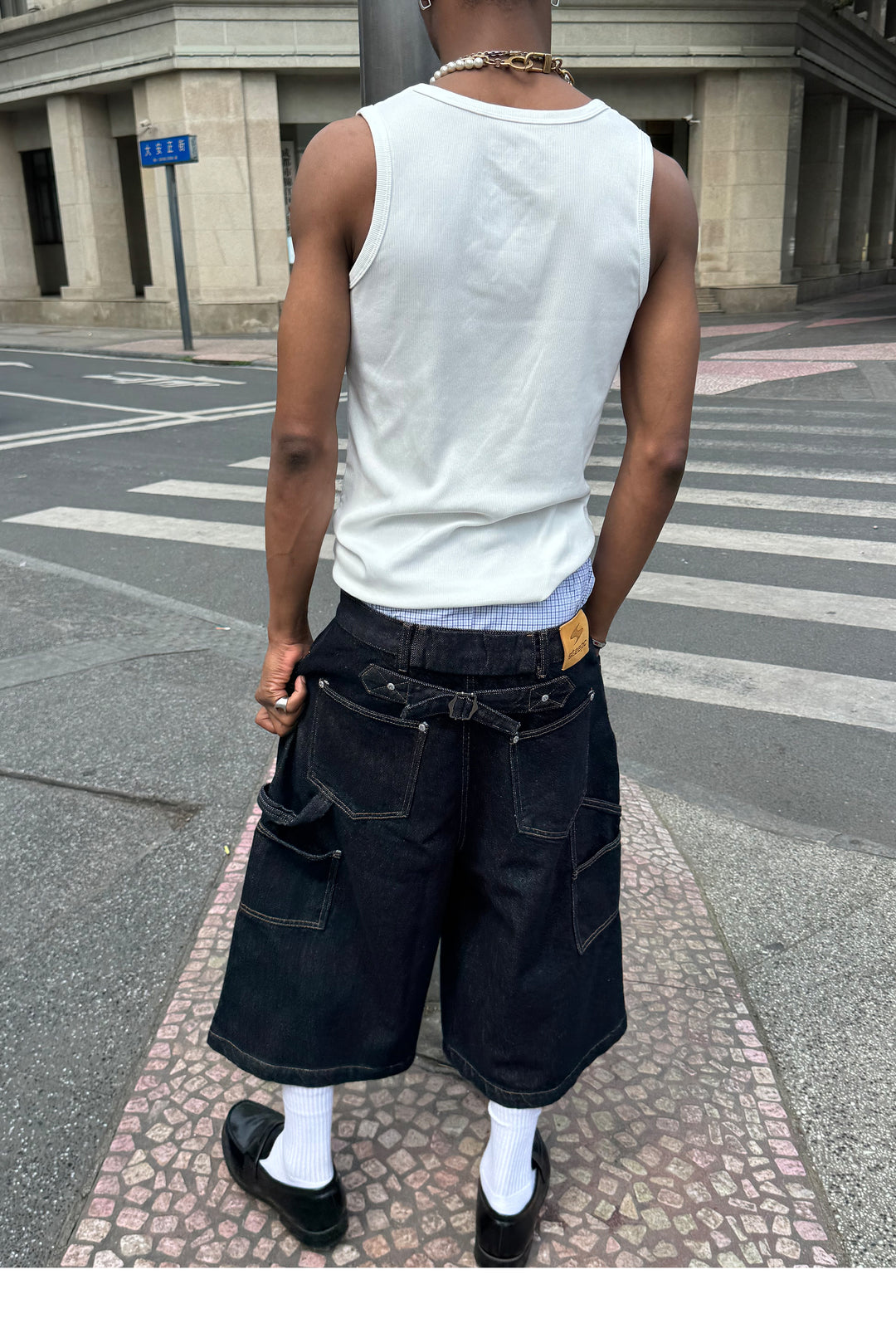 STEEPC Snap Button Double Knee Cropped Denim Baggy Shorts | Face 3 Face