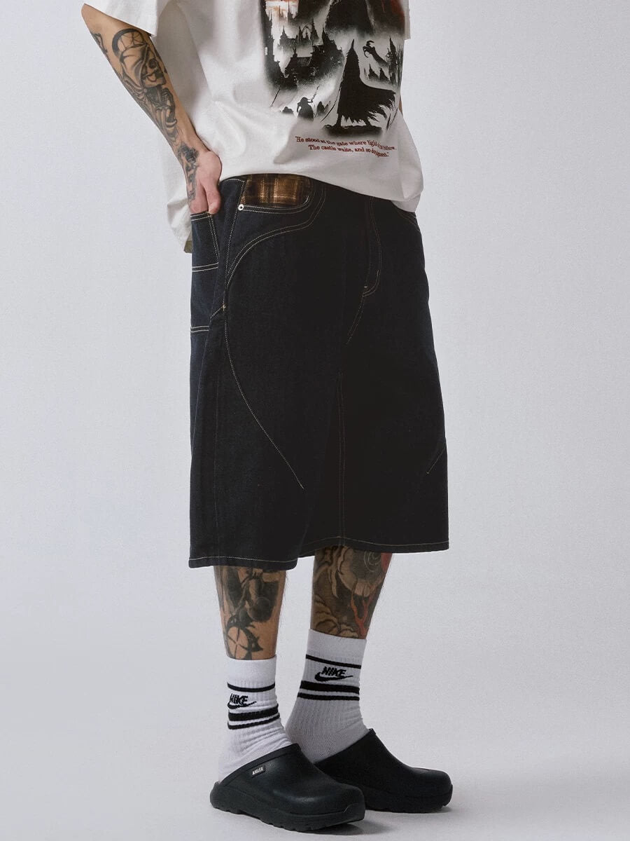 F2CE Plaid Pocket Patchwork Denim Baggy Shorts | Face 3 Face