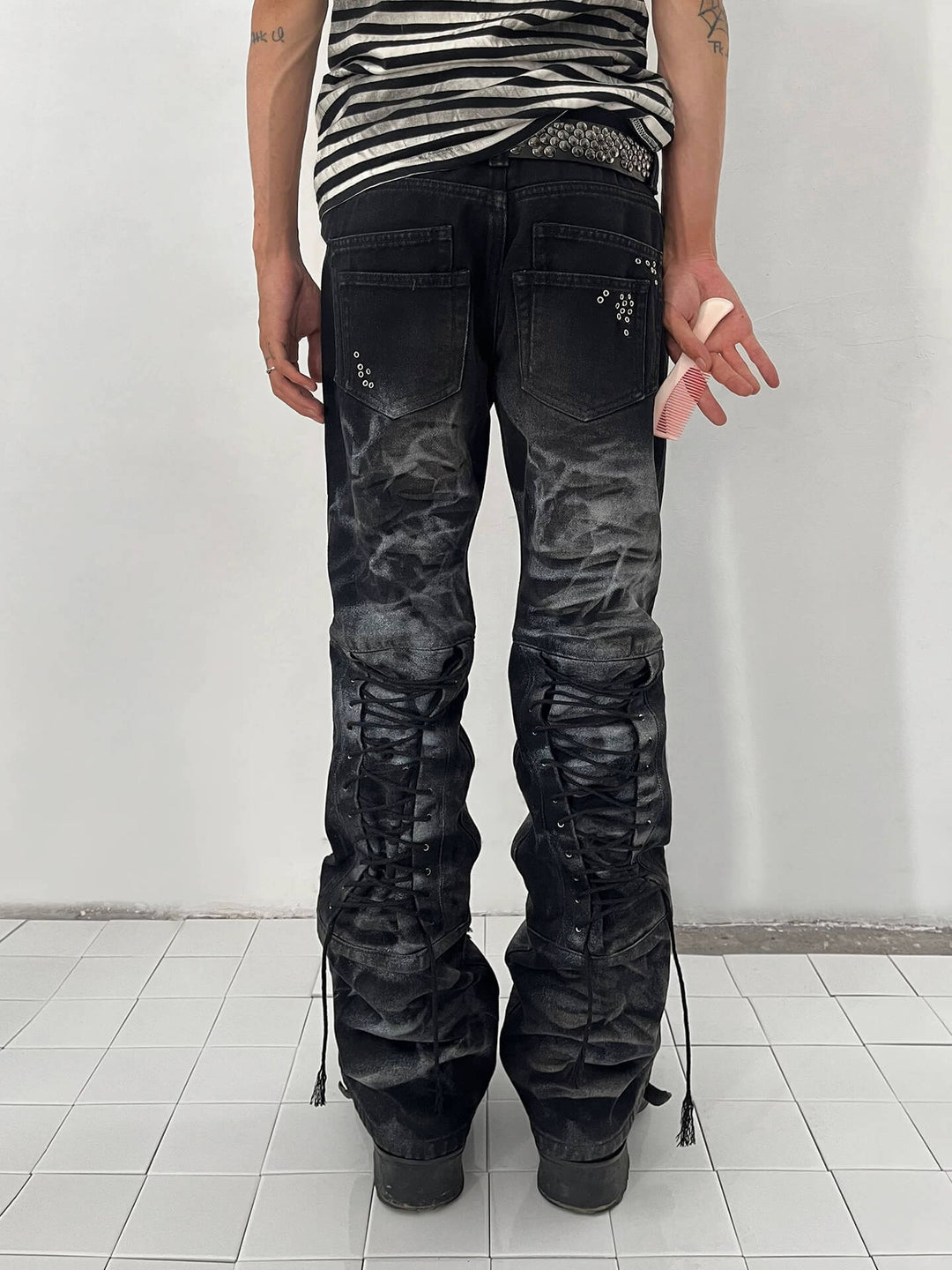 Night Lab Studded Lace Up Heavy Washed Distressed Jeans | Face 3 Face
