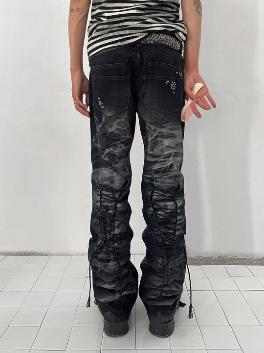 Night Lab Studded Lace Up Heavy Washed Distressed Jeans | Face 3 Face