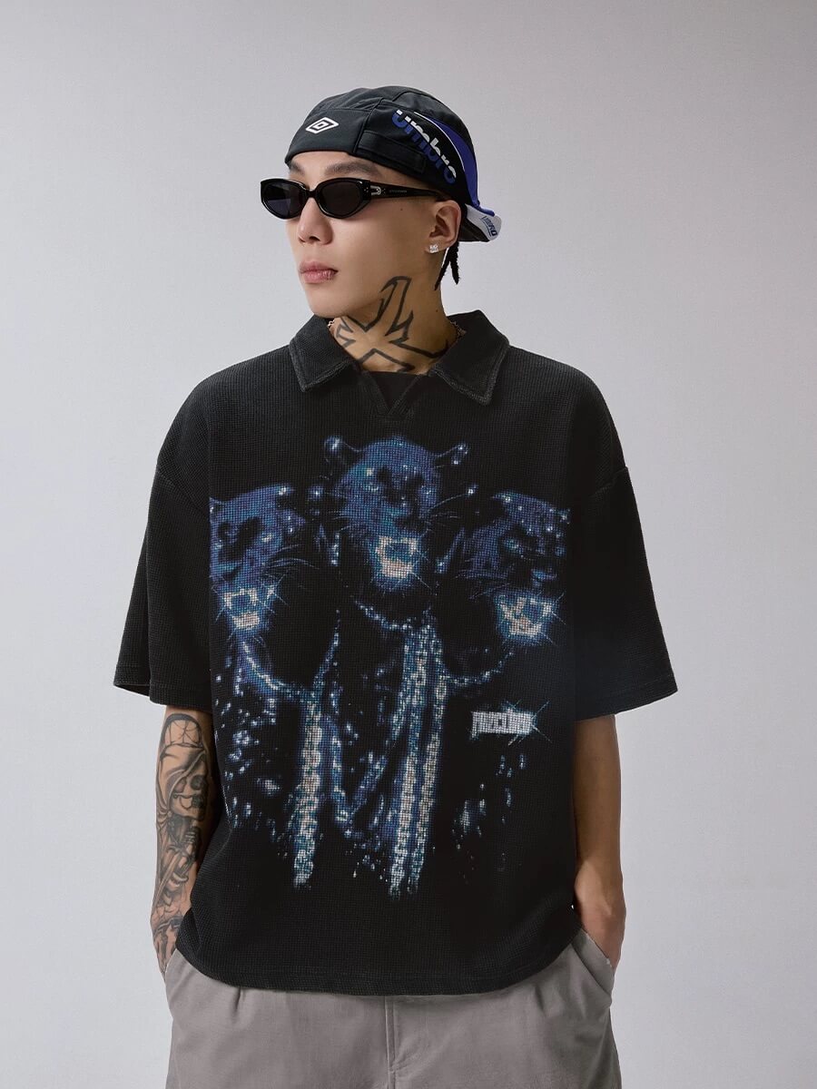 F2CE Washed Distressed Waffle Vintage Print Short Sleeve Polo Shirt | Face 3 Face