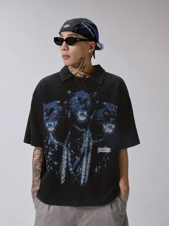F2CE Washed Distressed Waffle Vintage Print Short Sleeve Polo Shirt | Face 3 Face