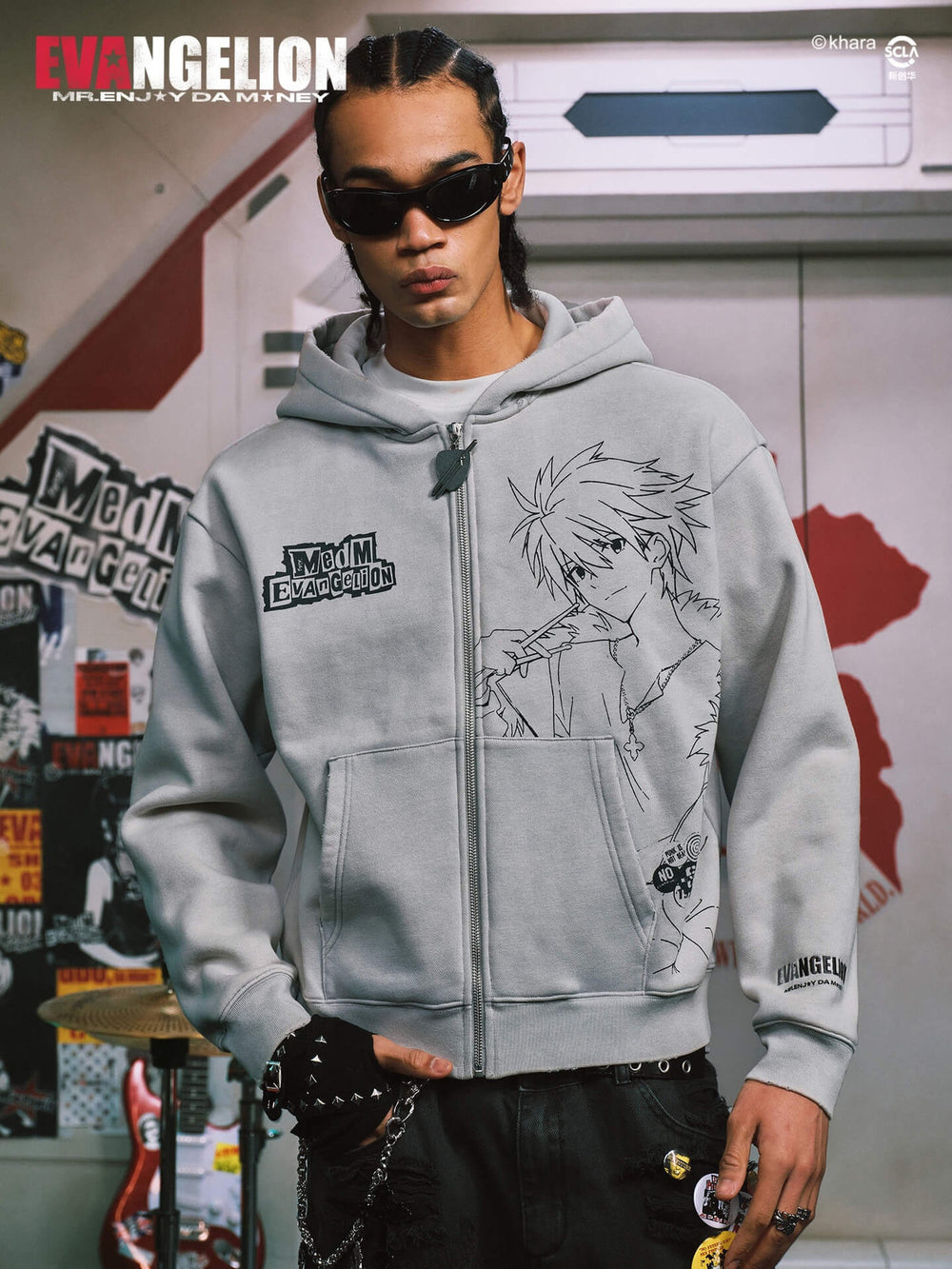 MEDM x EVA NEVER END Character Print Distressed Washed Zip Up Hoodie | Face 3 Face