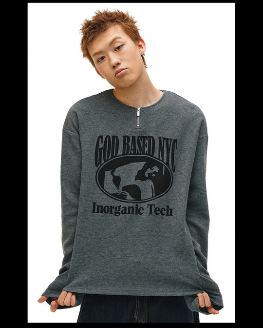 NOVACAM Waffle Vintage Print Zip Long Sleeve Tee | Face 3 Face