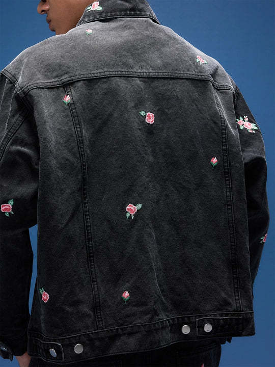1807 All Over Floral Embroidered Washed Denim Jacket | Face 3 Face