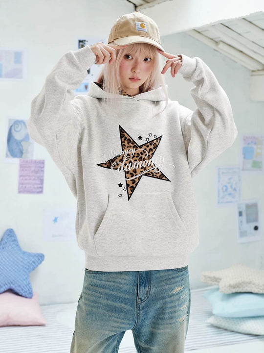 MEDM Leopard Hood Lining Star Patch Logo Hoodie