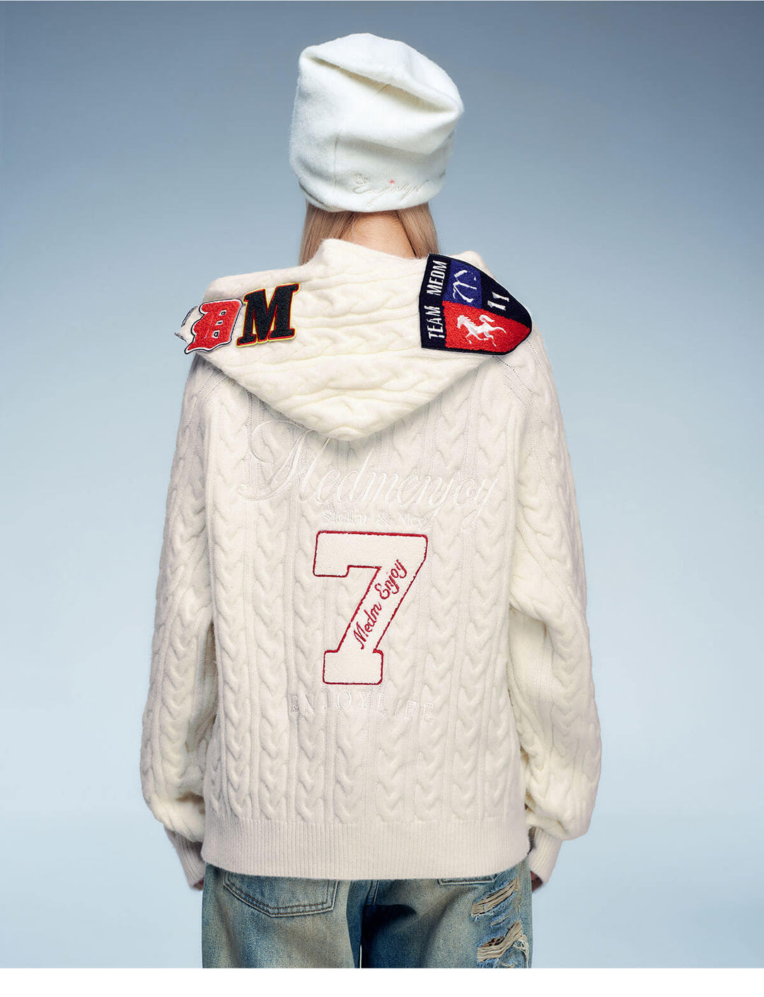 MEDM Patch Applique Zip Up Knit Hoodie | Face 3 Face