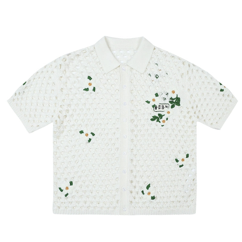 MEDM Flower Embroidery Open Knit Short Sleeve Shirt | Face 3 Face