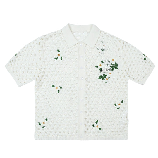 MEDM Flower Embroidery Open Knit Short Sleeve Shirt | Face 3 Face
