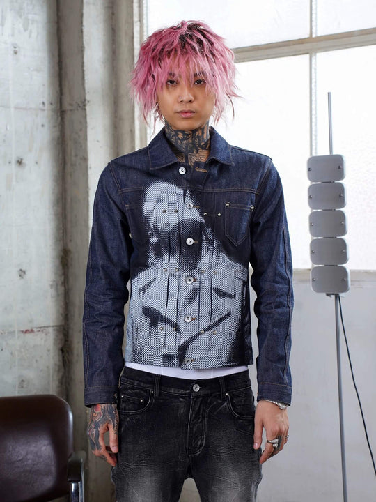 TGFCLUB Portrait Graphic Studded Slim Fit Denim Jacket | Face 3 Face