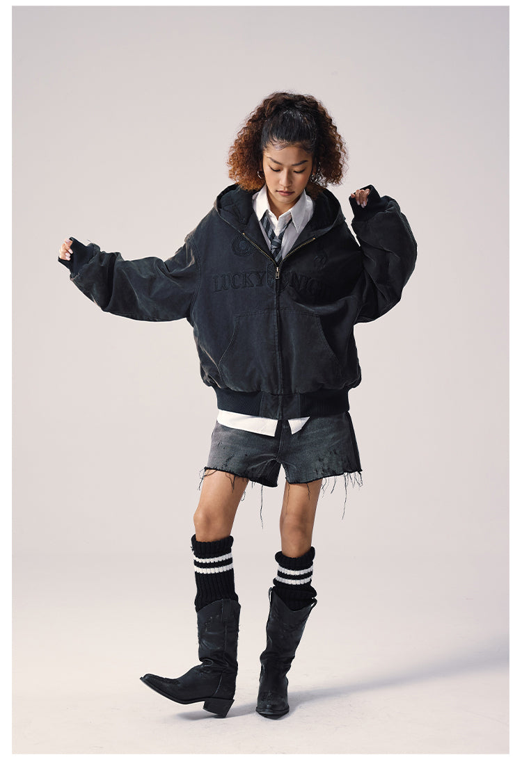 Remedy Embroidered Washed Hooded Bomber Jacket | Face 3 Face