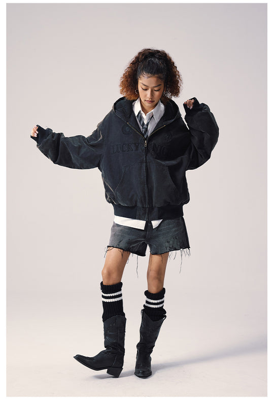 Remedy Embroidered Washed Hooded Bomber Jacket | Face 3 Face