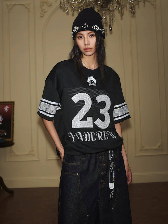 YADcrew Rhinestone Digital Checkered Numbering Mesh Tee | Face 3 Face