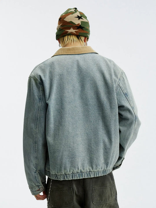 MEDM Corduroy Collar Washed Denim Jacket | Face 3 Face