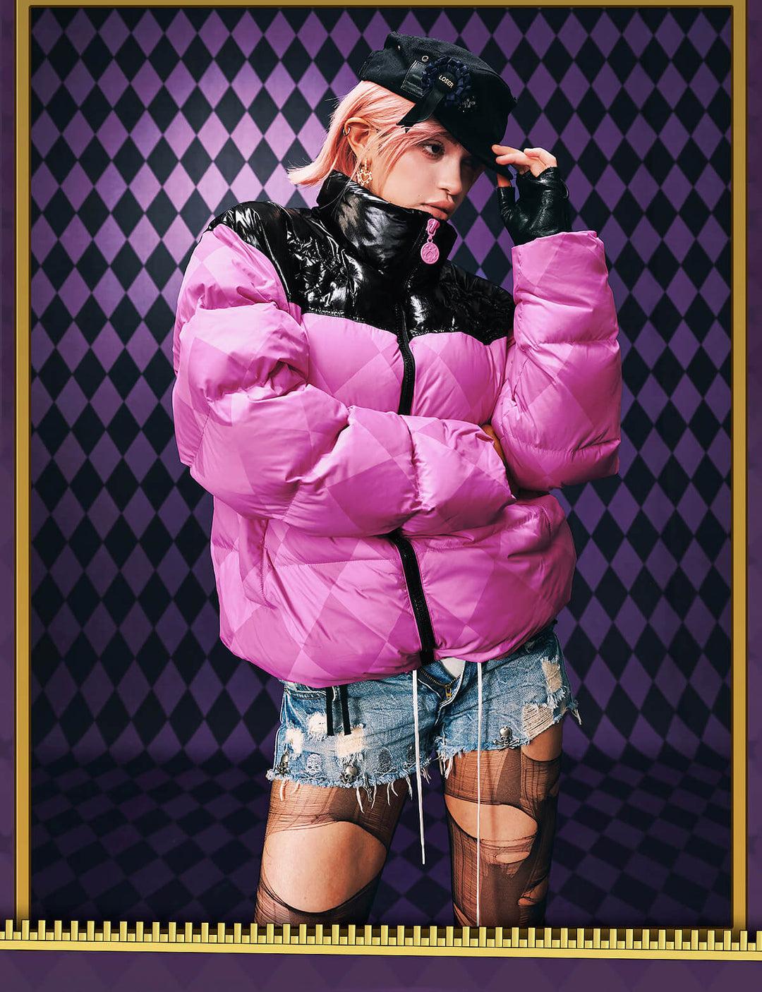 MEDM × JOJO Color Block Diamond Plaid Down Jacket | Face 3 Face