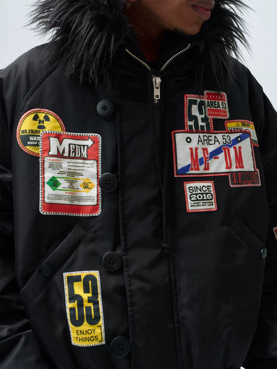 MEDM License Plate Patch Fur-Hooded MA-1 Bomber Jacket | Face 3 Face