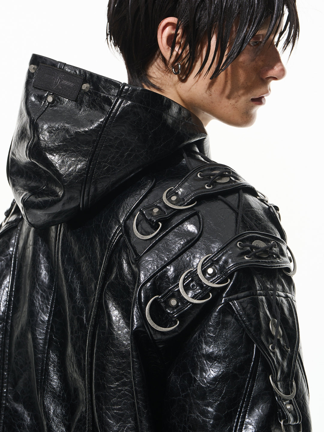 BLIND NO PLAN Metal-Decorated Hooded Leather Bomber Jacket | Face 3 Face
