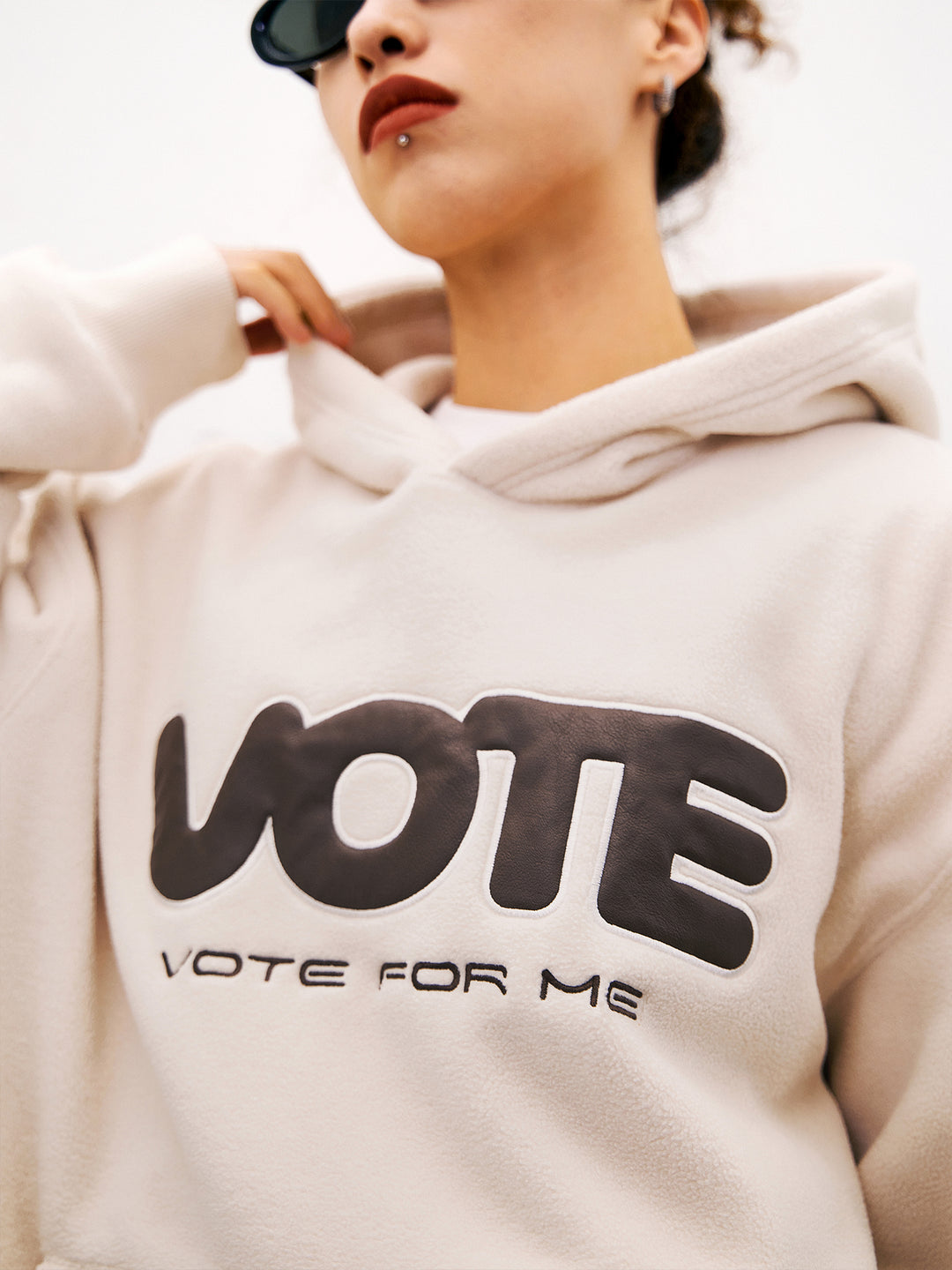 VOTE Fleece Logo Leather Splicing Hoodie