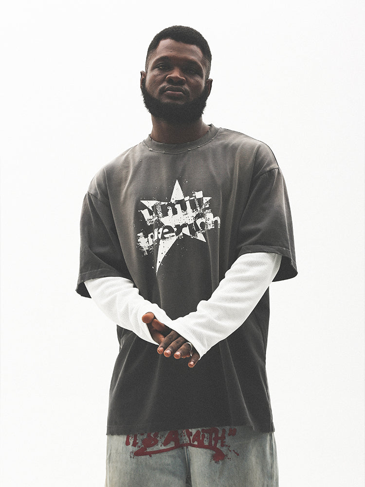 UNTILWERICH Washed Star Burst Print Mock Two-Piece Long Sleeve Tee | Face 3 Face