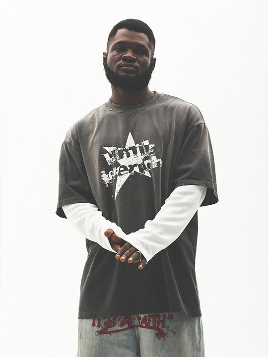 UNTILWERICH Washed Star Burst Print Mock Two-Piece Long Sleeve Tee | Face 3 Face