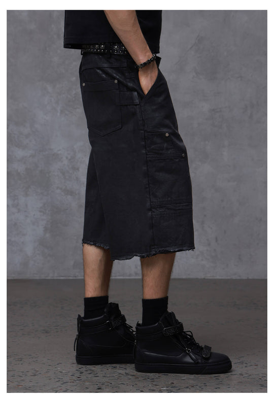 ANTIDOTE Brushed Waxed Studded Double Knee Cutoff Baggy Shorts | Face 3 Face