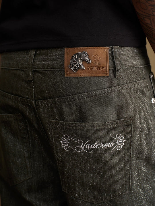 YADcrew Olive Green Metallic Thread Jeans | Face 3 Face