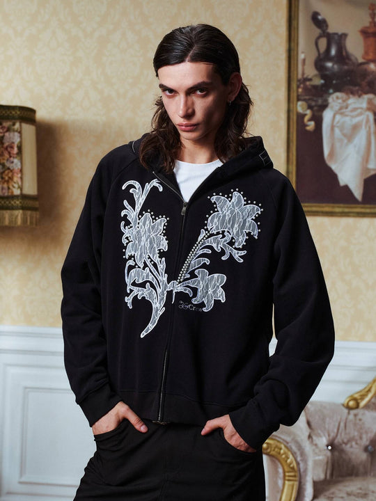 YADcrew Floral Lace Pearl Embellished Zip Up Hoodie | Face 3 Face