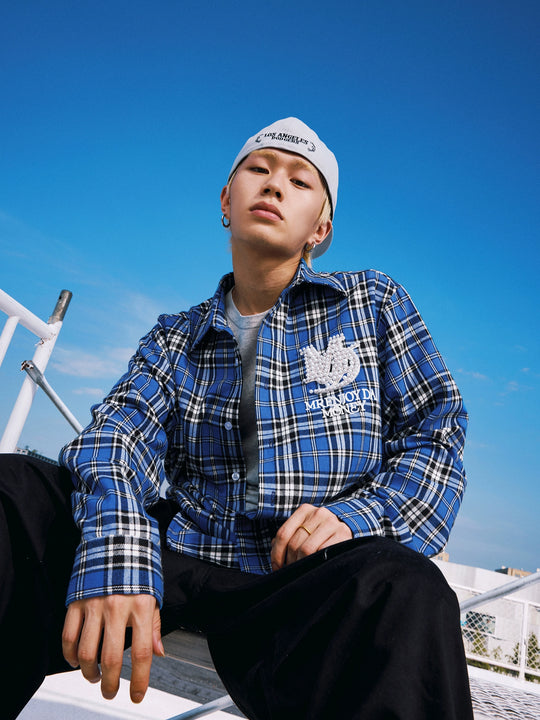 MEDM Blue Pearl Embroidery Plaid Long Sleeve Shirt | Face 3 Face