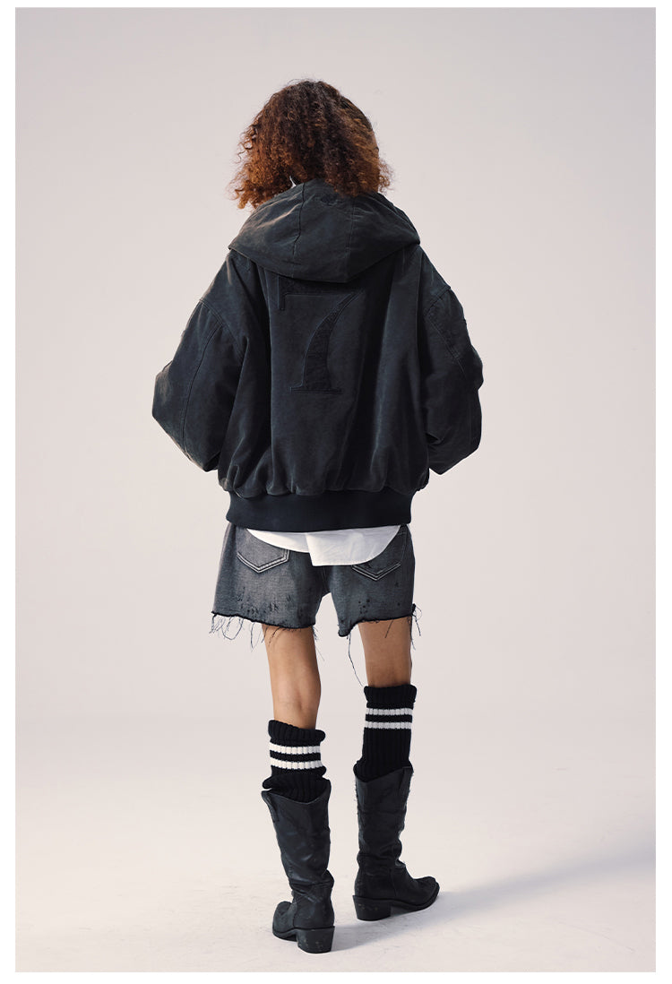 Remedy Embroidered Washed Hooded Bomber Jacket | Face 3 Face