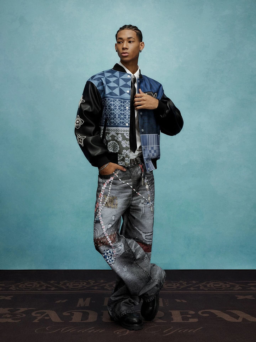 YADcrew x MEDM Patchwork Ethnic Pattern Varsity Jacket | Face 3 Face