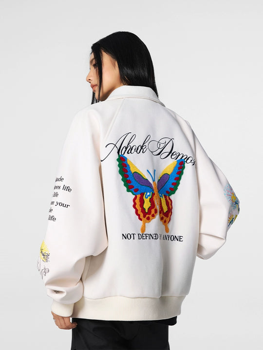 Racer varsity jacket | Achock Colorful Butterfly Embroidery Varsity Jacket | Face 3 Face