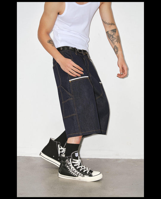 NOVACAM White Accent Line Double Knee Baggy Denim Shorts | Face 3 Face