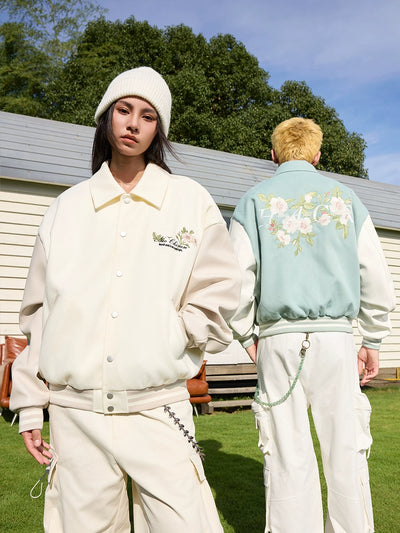 Harsh and Cruel Floral Embroidered Script Baseball Jacket | Face 3 Face