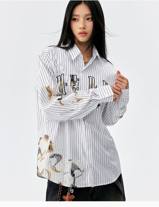 MEDM Lace Embroidered Striped Long Sleeve Shirt | Face 3 Face