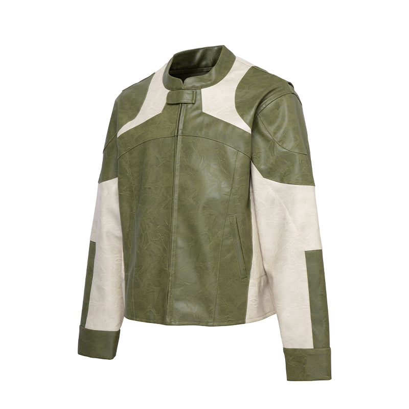 F2CE Deconstructed Color Blocking Racing Leather Jacket | Face 3 Face