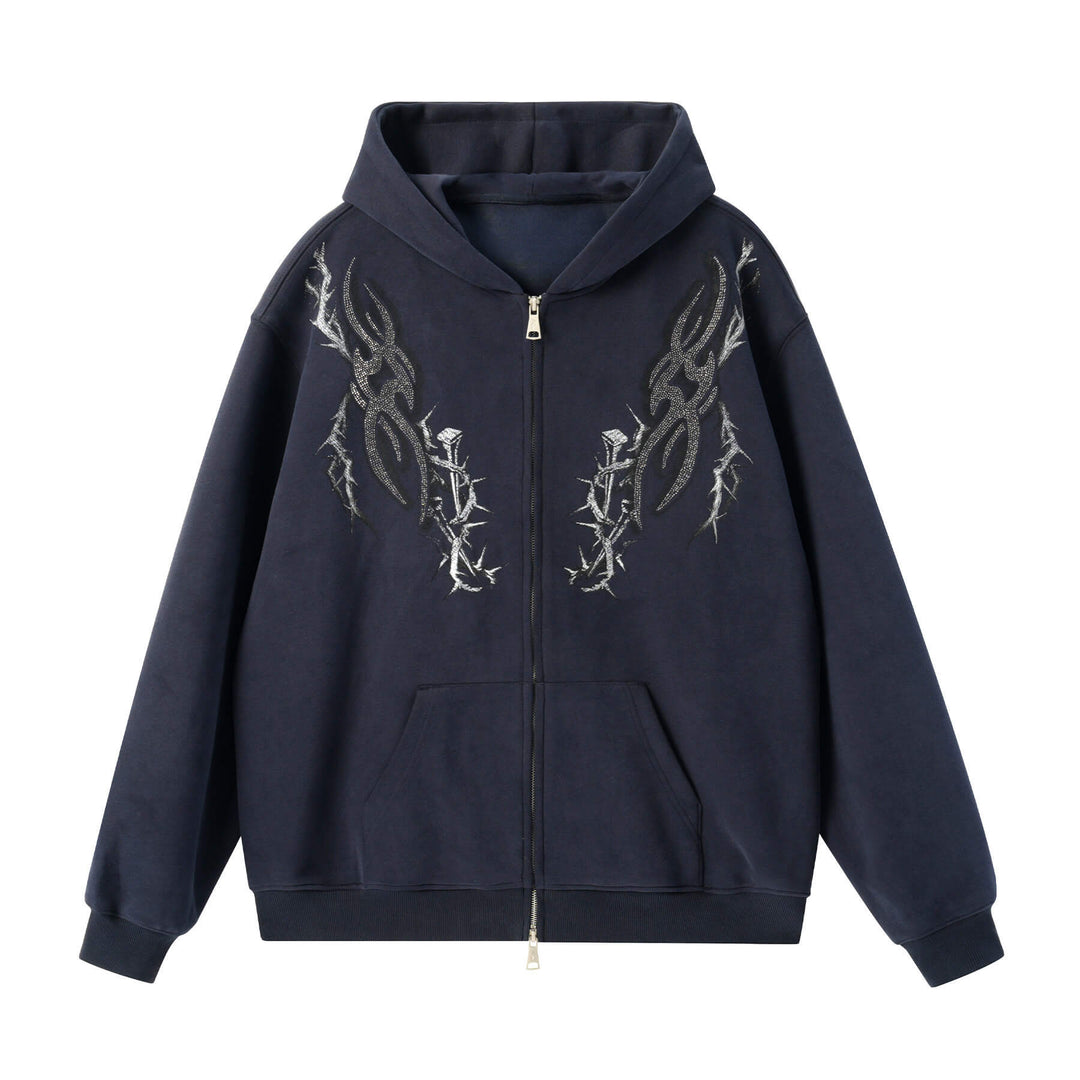 JHYQ Rhinestone Thorn Print Double Zipper Hoodie | Face 3 Face