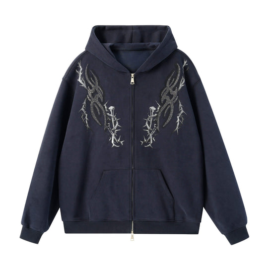 JHYQ Rhinestone Thorn Print Double Zipper Hoodie | Face 3 Face