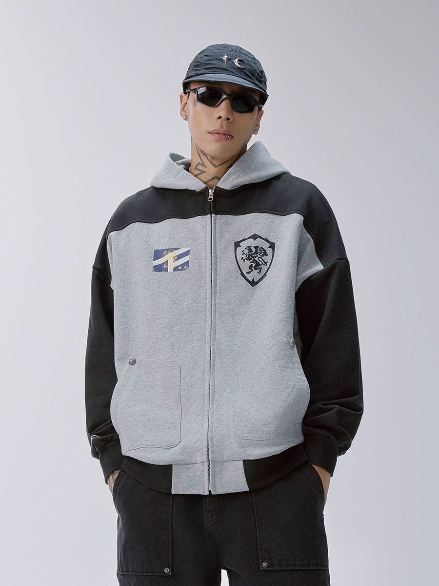 F2CE Color Block Vintage Print Zip Up Hoodie | Face 3 Face