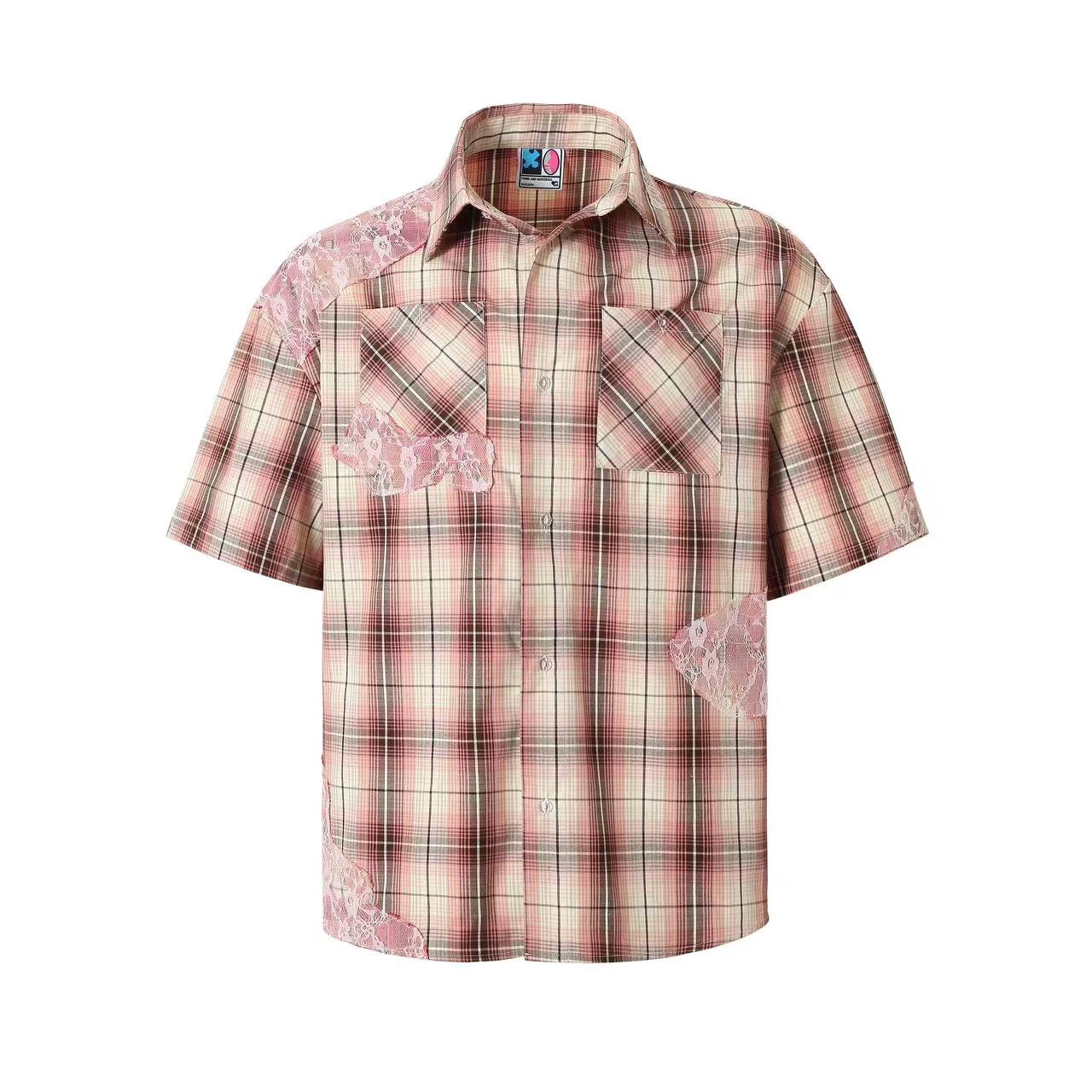 YADcrew Evening Lace Splicing Pink Plaid Short Sleeve Shirt | Face 3 Face