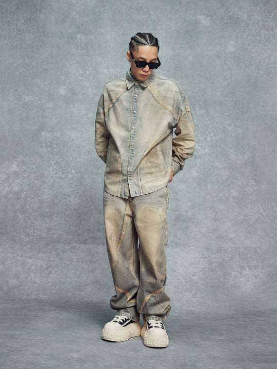 1807 Rust Aged Digital Print Denim Long Sleeve Shirt | Face 3 Face