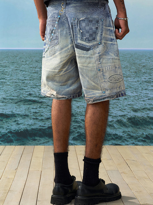 YADcrew Turquoise Double Knee Print Denim Shorts | Face 3 Face