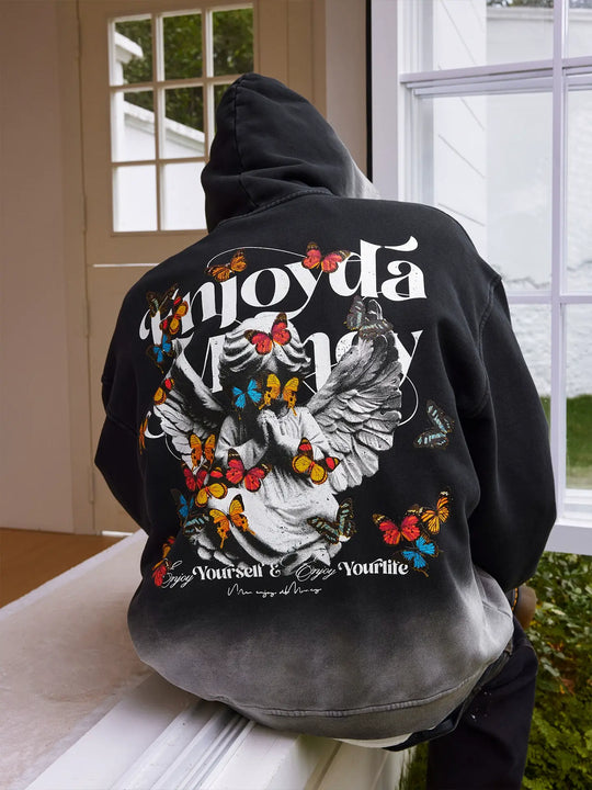 MEDM Washed Angel Butterfly Print Zip Up Hoodie | Face 3 Face