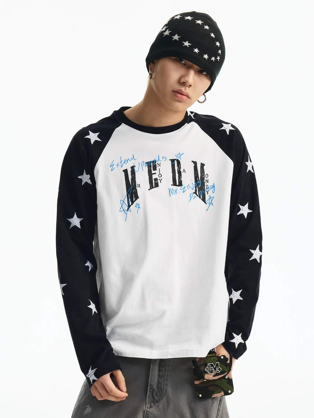 MEDM Star Print Raglan Long Sleeve Tee | Face 3 Face