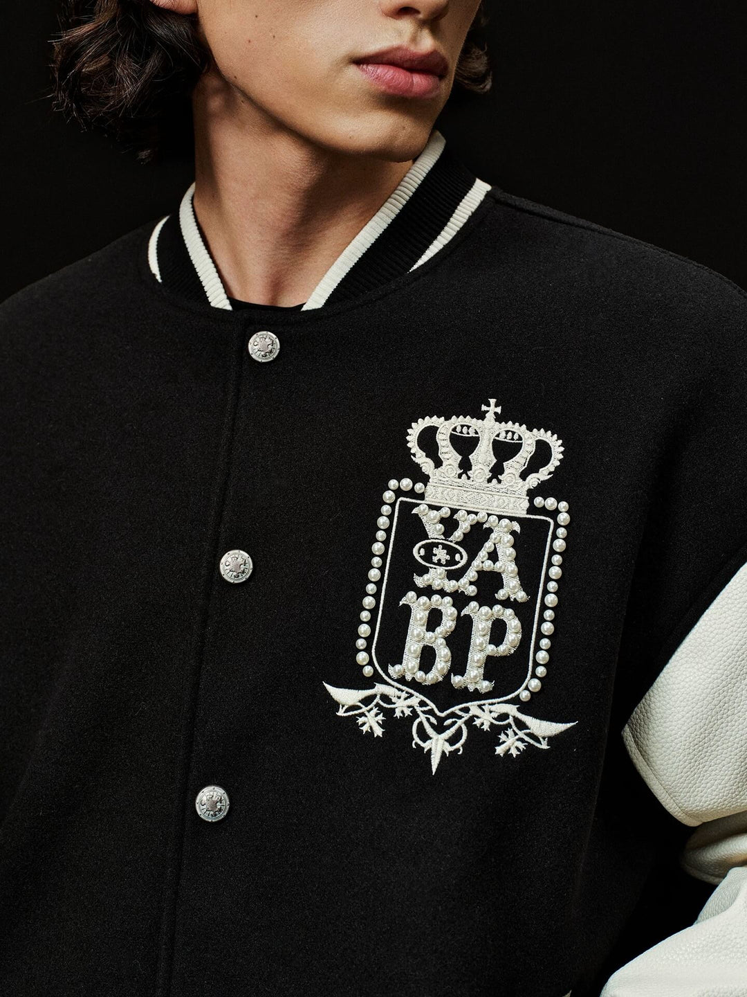 YADcrew x BIPOLAR Embroidered Pearl Beaded Varsity Jacket | Face 3 Face