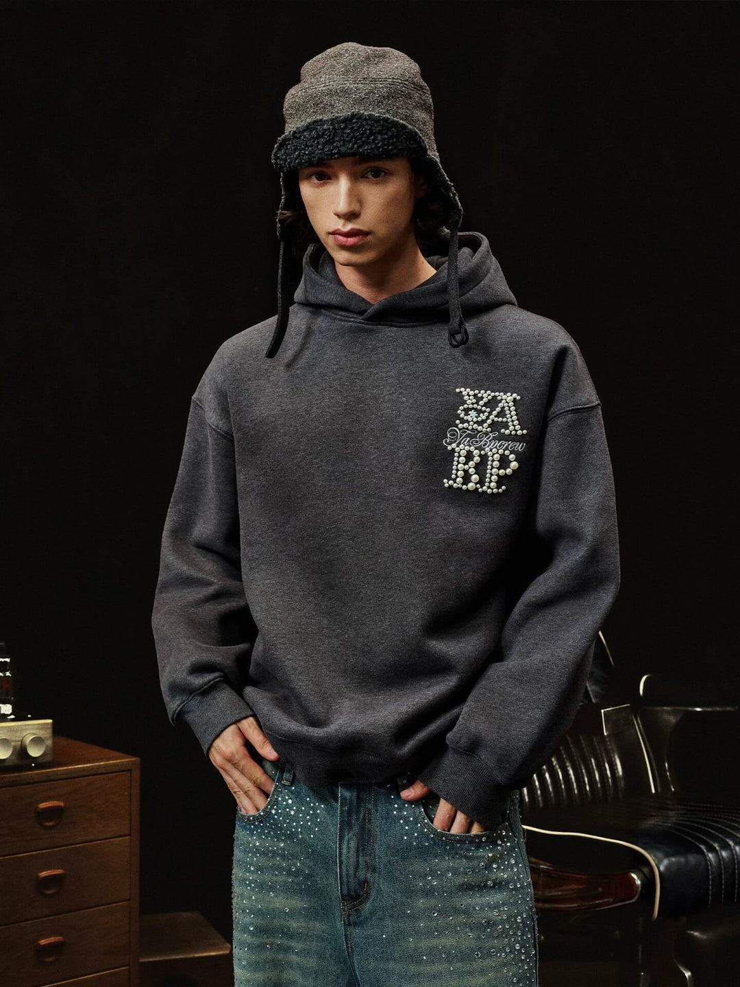 YADcrew x BIPOLAR Logo Pearl Embroidered Hoodie | Face 3 Face