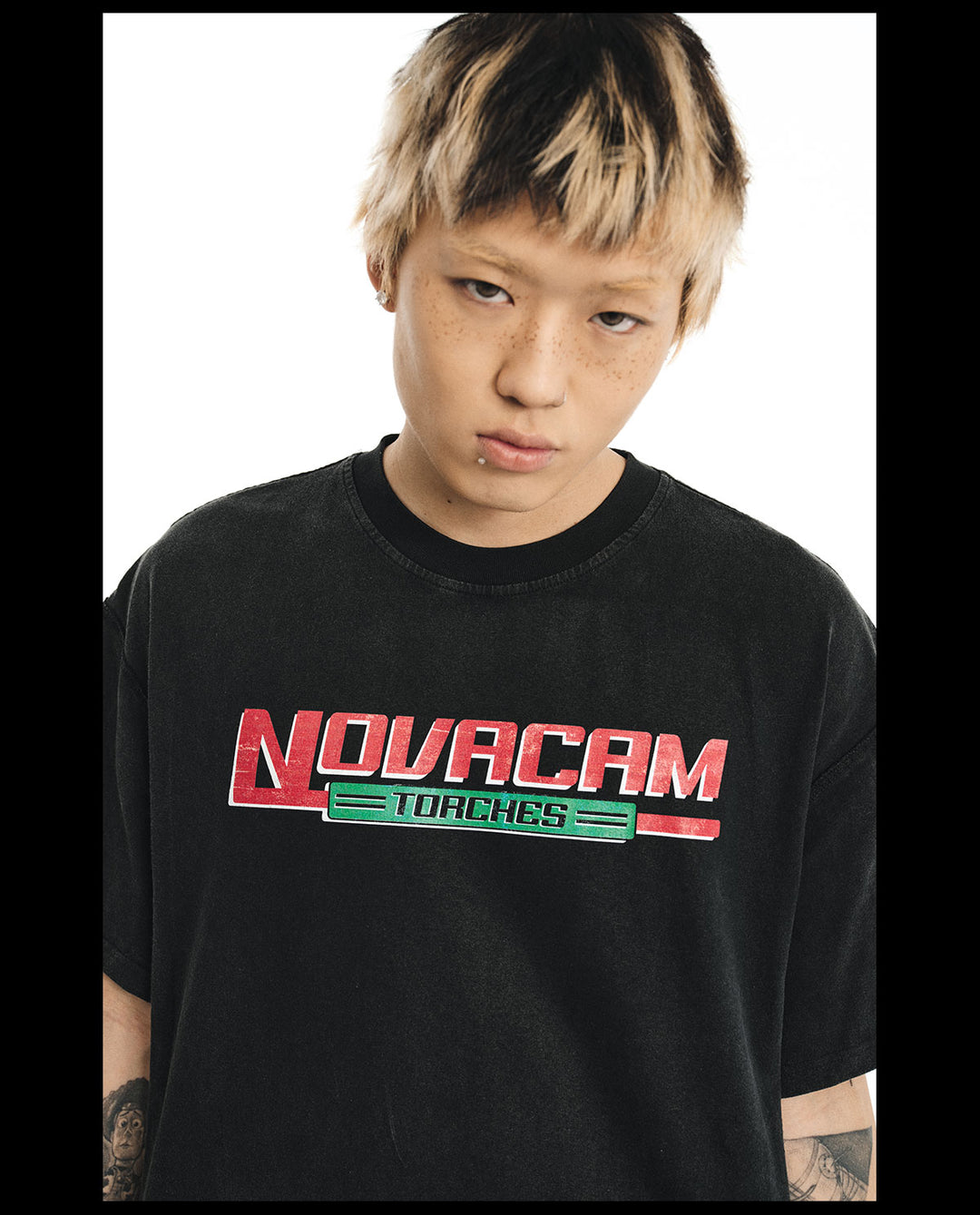 NOVACAM Logo Torches Vintage Print Backstitch Washed Tee | Face 3 Face