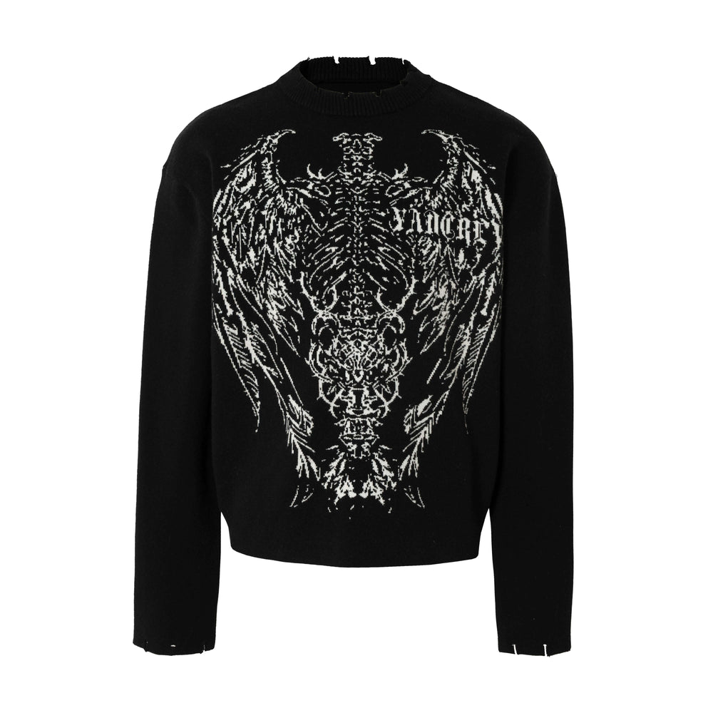 YADcrew Winged Skeleton Print Distressed Knit Sweater | Face 3 Face